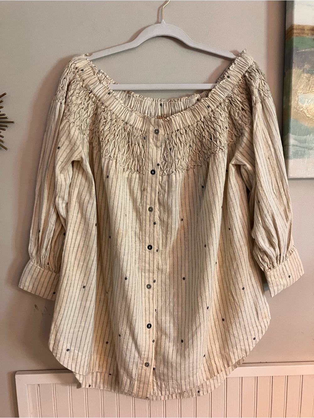 A Rare Bird Smocked Off-Shoulder Cream Striped Button-Front Tea Stained Top
NWT - Picture 3 of 10